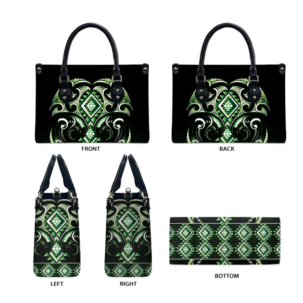 Green Ngaru Taniko With Aotearoa Maori Tattoo Leather Bag LT14 - Polynesian Pride