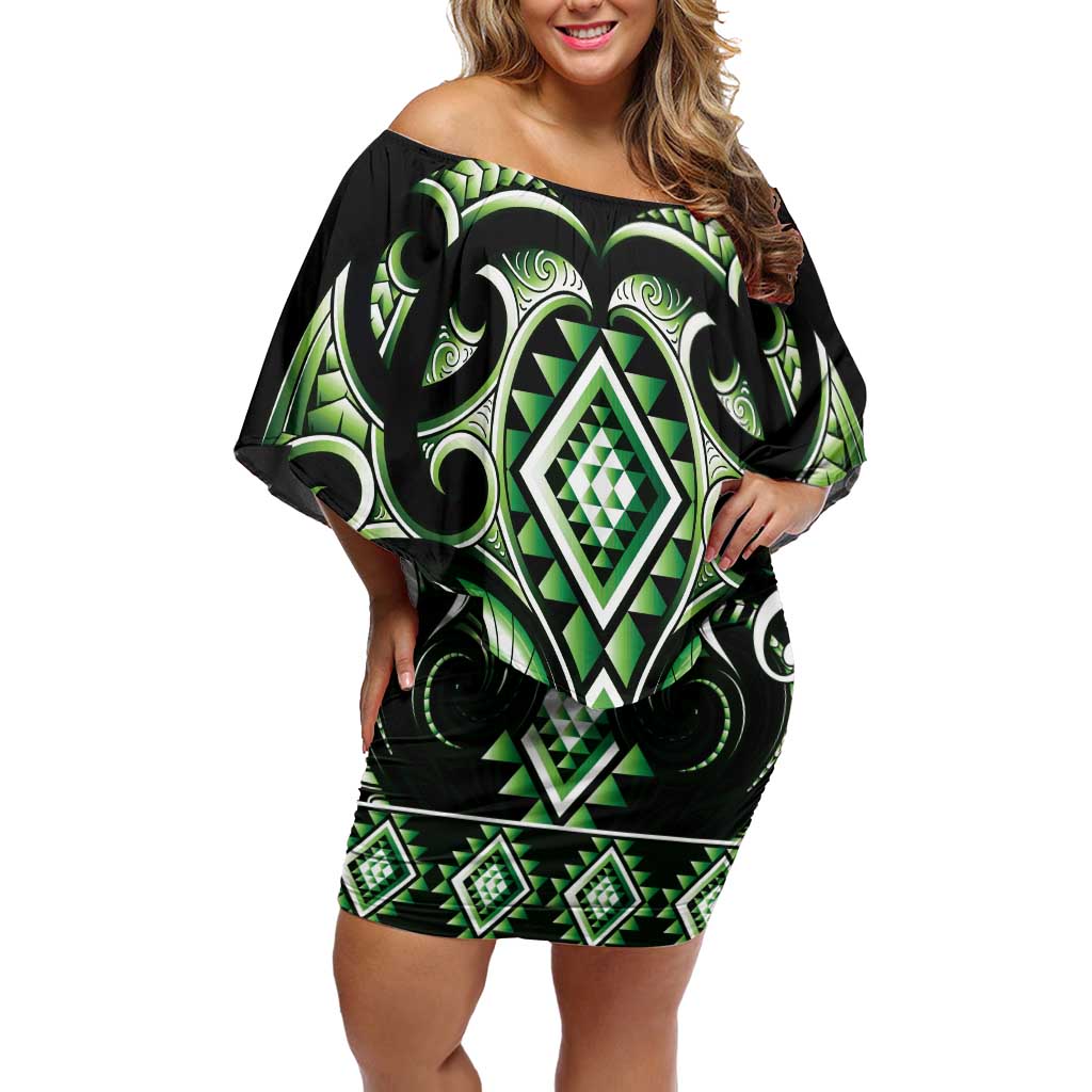 Green Ngaru Taniko With Aotearoa Maori Tattoo Off Shoulder Short Dress