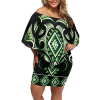Green Ngaru Taniko With Aotearoa Maori Tattoo Off Shoulder Short Dress LT14 Women Green - Polynesian Pride