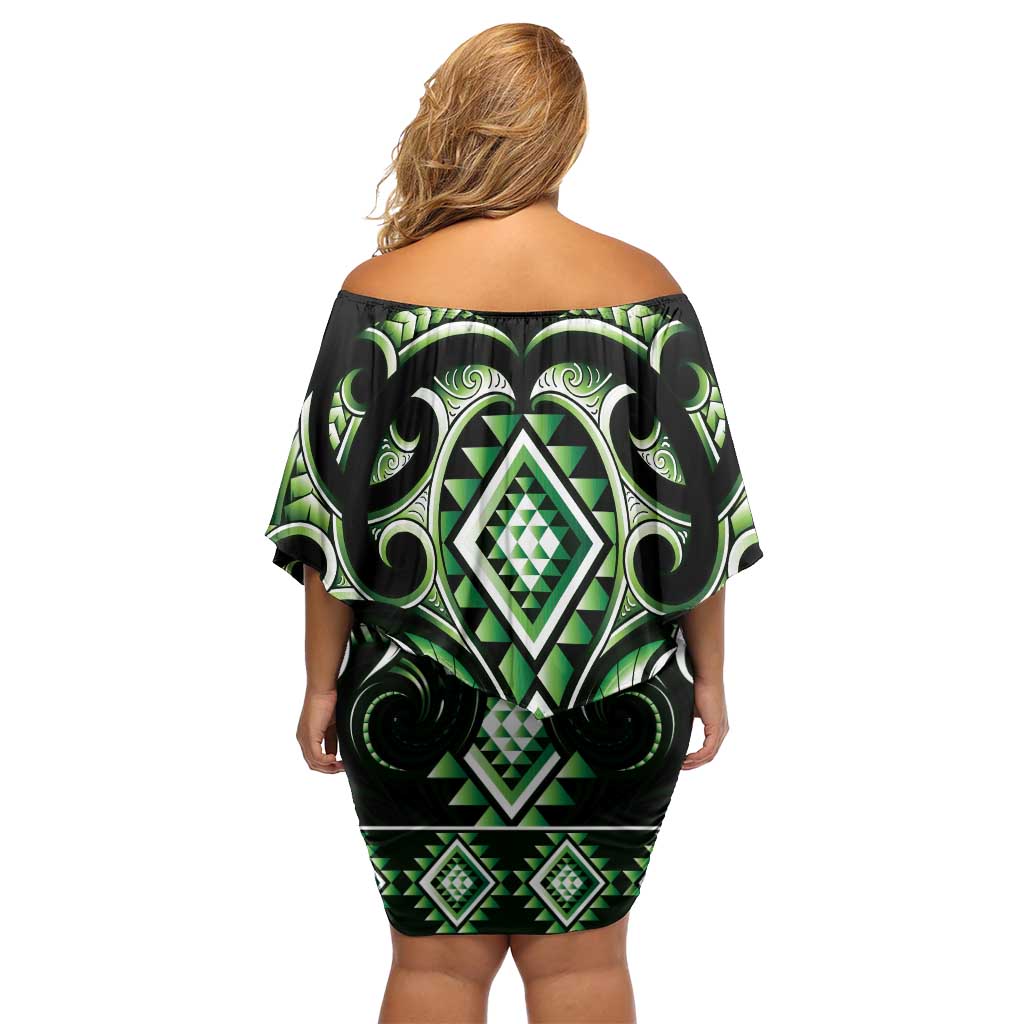 Green Ngaru Taniko With Aotearoa Maori Tattoo Off Shoulder Short Dress LT14 - Polynesian Pride