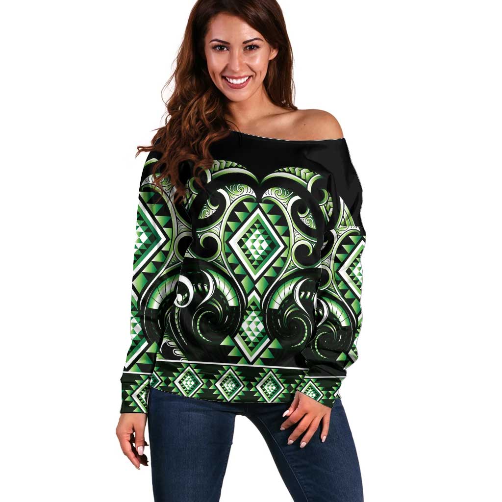 Green Ngaru Taniko With Aotearoa Maori Tattoo Off Shoulder Sweater LT14 Women Green - Polynesian Pride