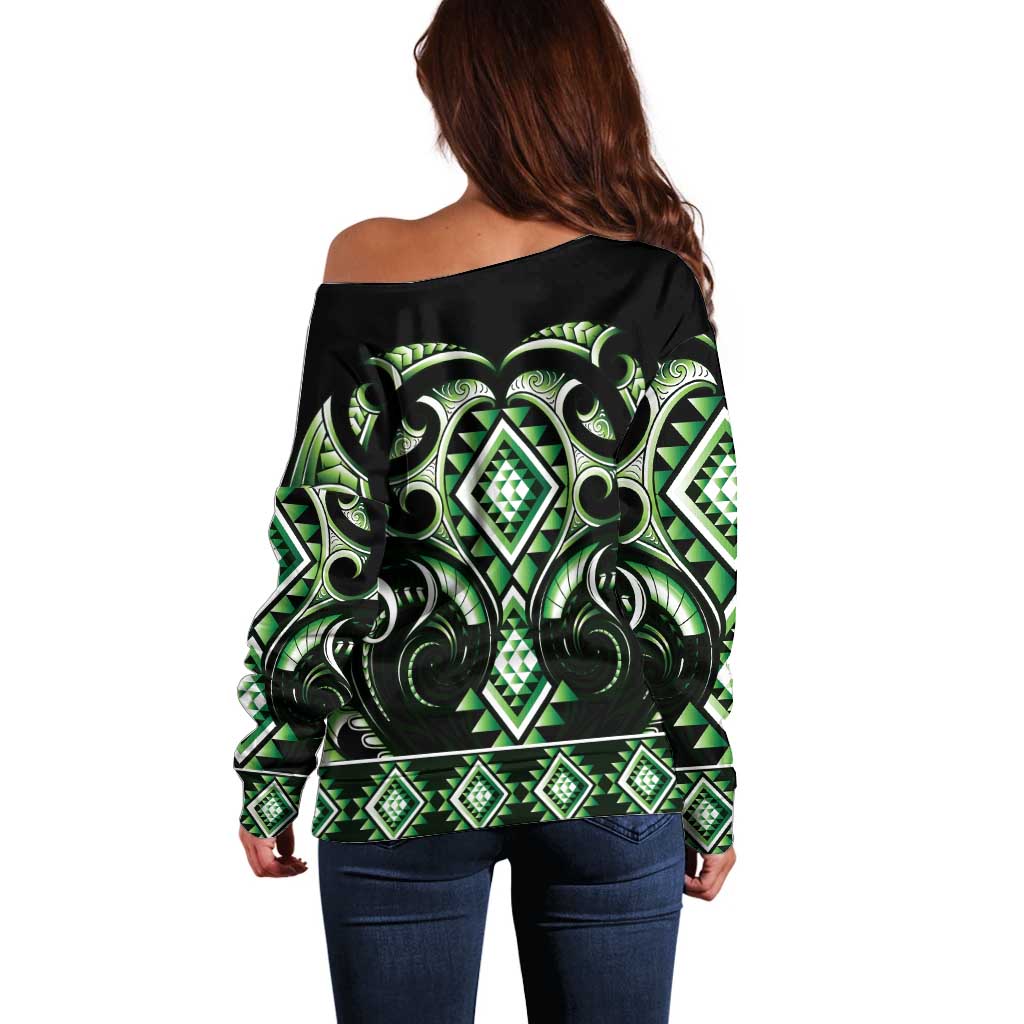 Green Ngaru Taniko With Aotearoa Maori Tattoo Off Shoulder Sweater LT14 - Polynesian Pride