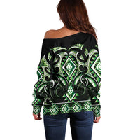 Green Ngaru Taniko With Aotearoa Maori Tattoo Off Shoulder Sweater LT14 - Polynesian Pride