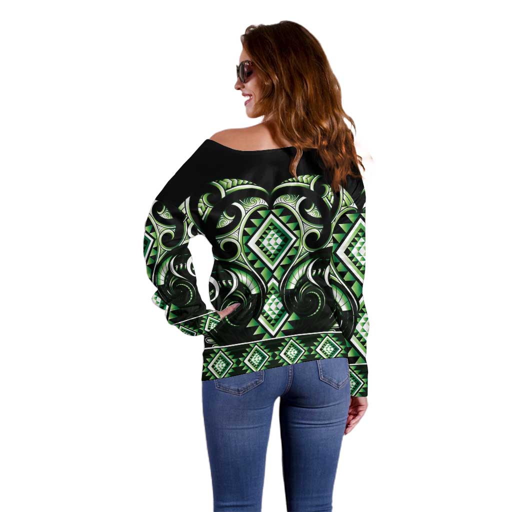 Green Ngaru Taniko With Aotearoa Maori Tattoo Off Shoulder Sweater LT14 - Polynesian Pride