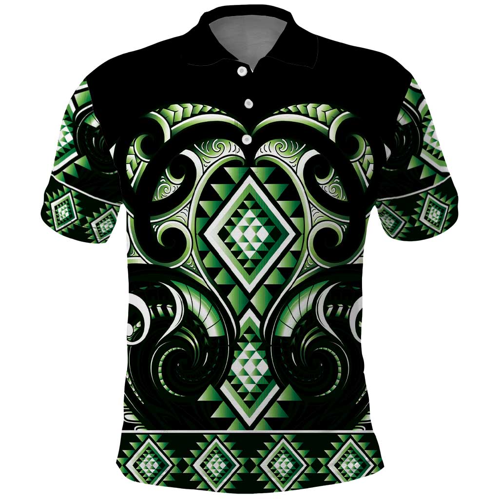 Green Ngaru Taniko With Aotearoa Maori Tattoo Polo Shirt LT14 Green - Polynesian Pride