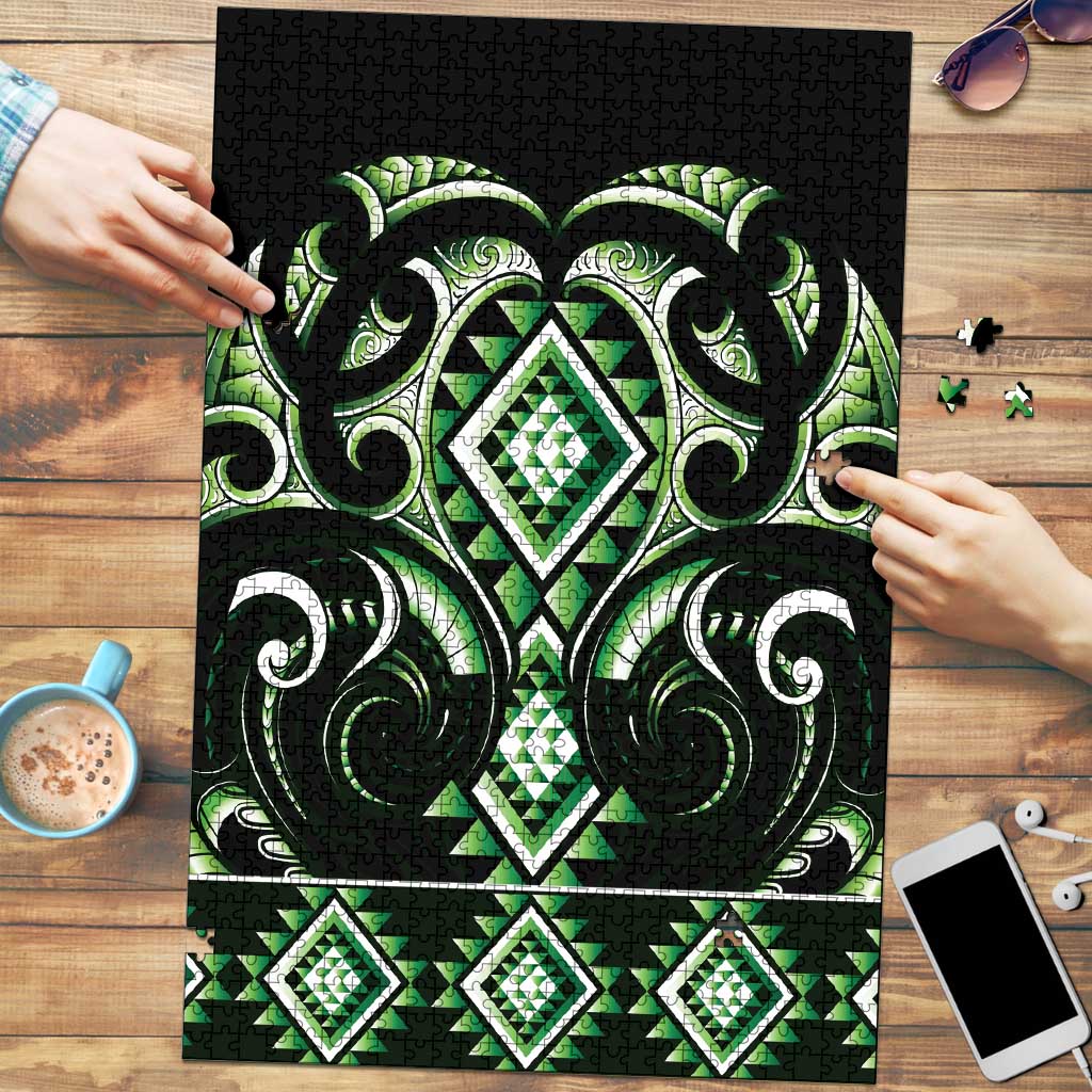 Green Ngaru Taniko With Aotearoa Maori Tattoo Puzzle LT14 Green - Polynesian Pride
