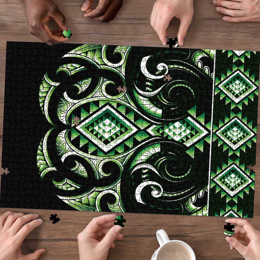 Green Ngaru Taniko With Aotearoa Maori Tattoo Puzzle LT14 - Polynesian Pride