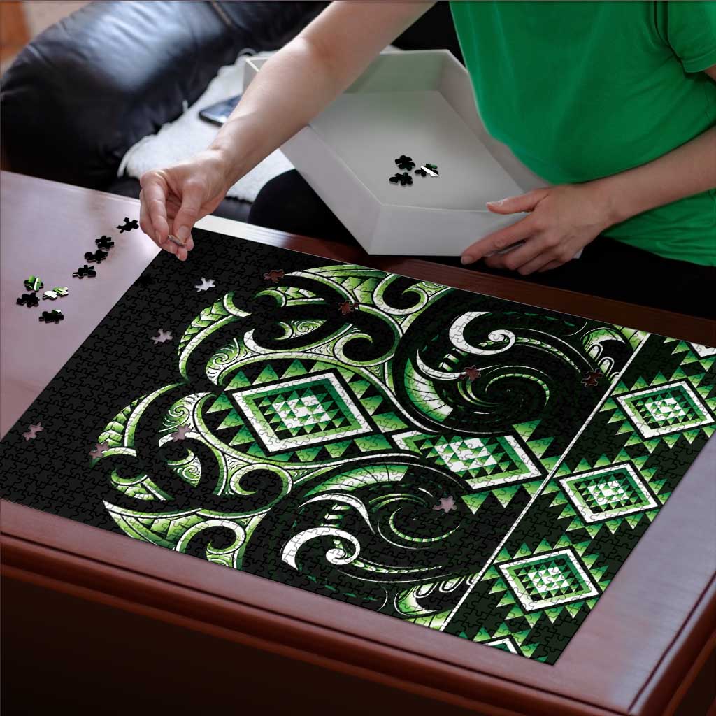 Green Ngaru Taniko With Aotearoa Maori Tattoo Puzzle LT14 - Polynesian Pride