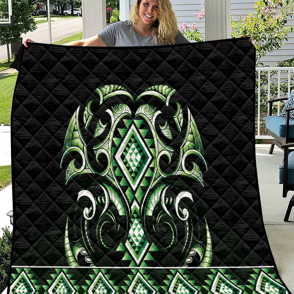 Green Ngaru Taniko With Aotearoa Maori Tattoo Quilt LT14 Green - Polynesian Pride