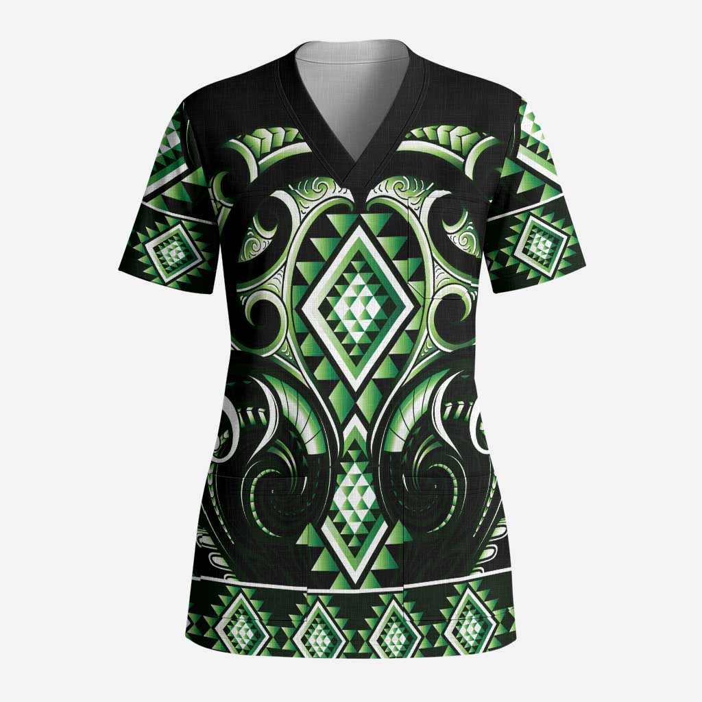 Green Ngaru Taniko With Aotearoa Maori Tattoo Scrub Top LT14 Adult Green - Polynesian Pride