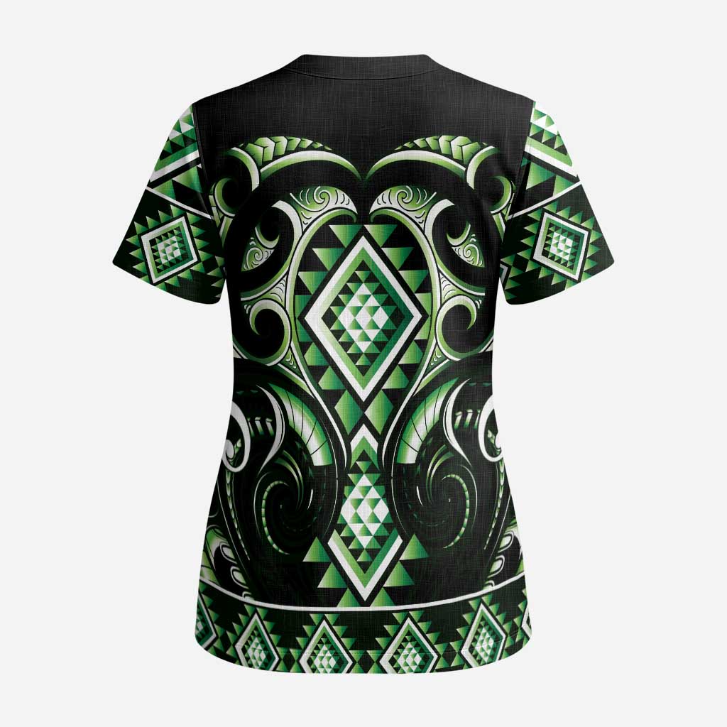 Green Ngaru Taniko With Aotearoa Maori Tattoo Scrub Top LT14 - Polynesian Pride