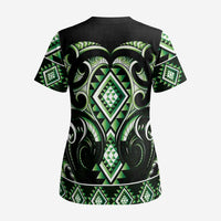 Green Ngaru Taniko With Aotearoa Maori Tattoo Scrub Top LT14 - Polynesian Pride