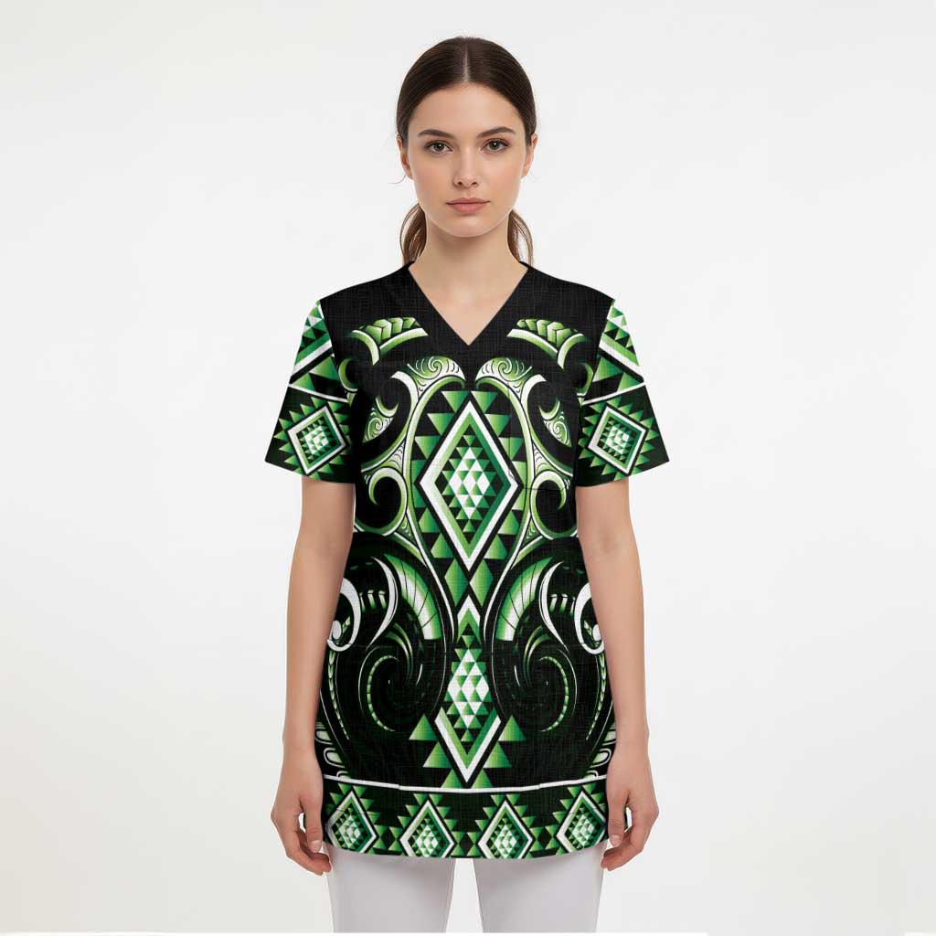 Green Ngaru Taniko With Aotearoa Maori Tattoo Scrub Top LT14 - Polynesian Pride