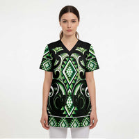 Green Ngaru Taniko With Aotearoa Maori Tattoo Scrub Top LT14 - Polynesian Pride