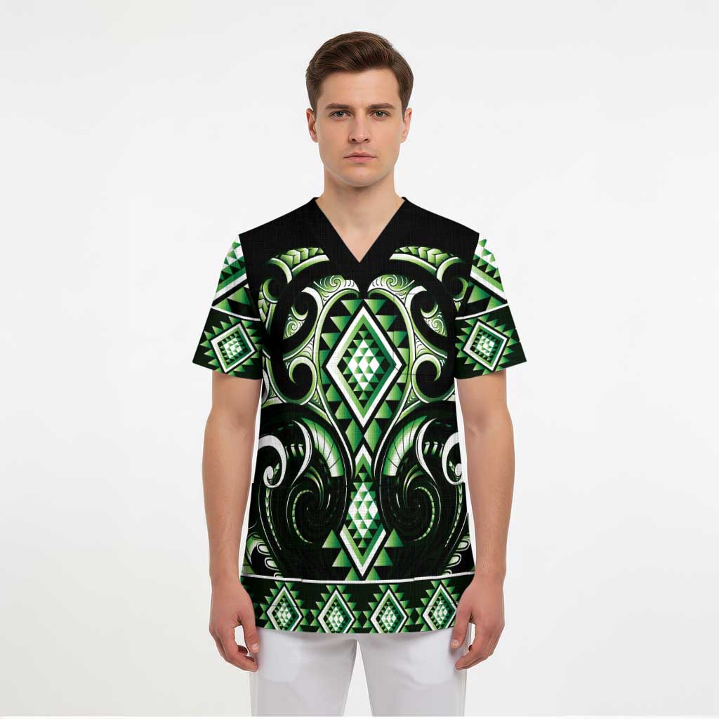 Green Ngaru Taniko With Aotearoa Maori Tattoo Scrub Top LT14 - Polynesian Pride