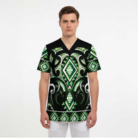 Green Ngaru Taniko With Aotearoa Maori Tattoo Scrub Top LT14 - Polynesian Pride