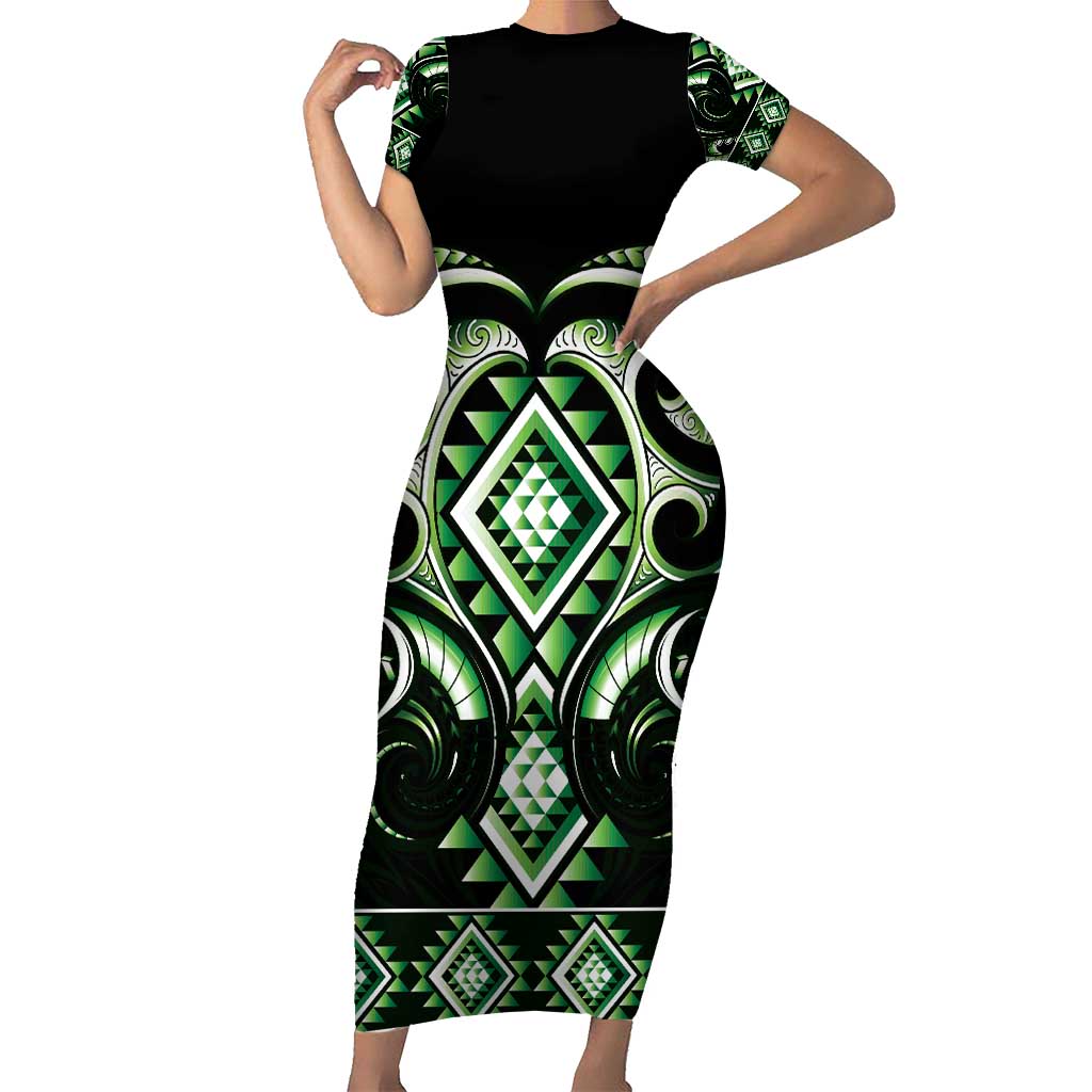 Green Ngaru Taniko With Aotearoa Maori Tattoo Short Sleeve Bodycon Dress