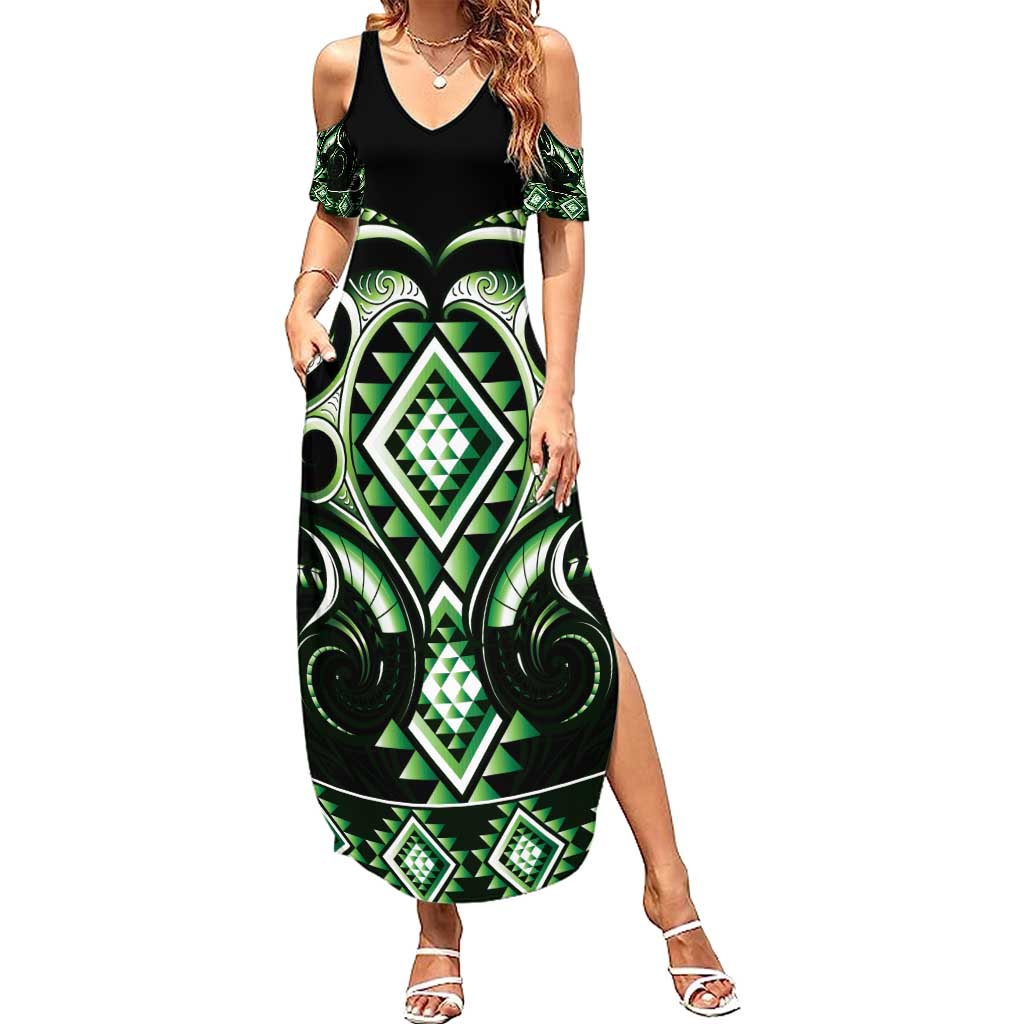 Green Ngaru Taniko With Aotearoa Maori Tattoo Summer Maxi Dress