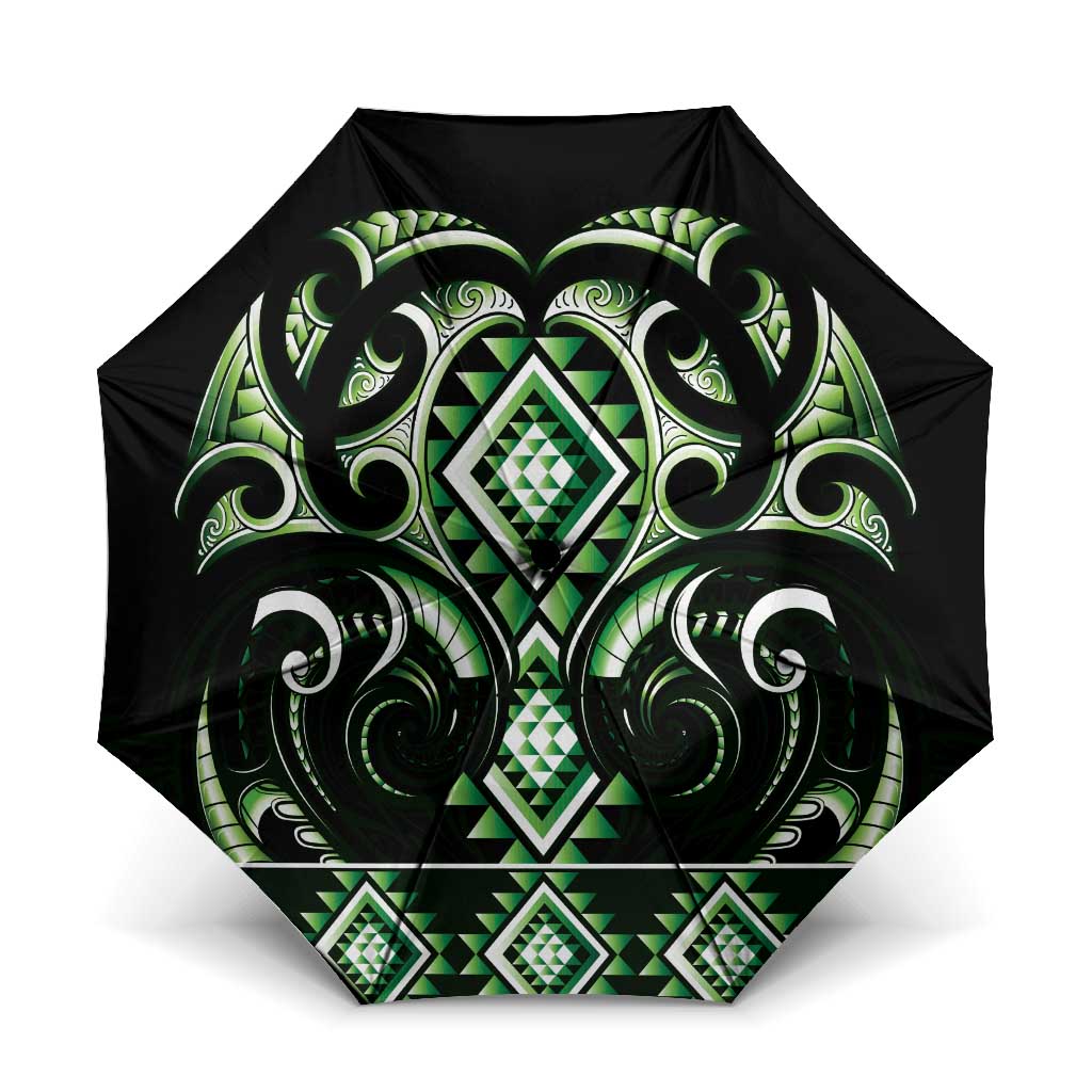 Green Ngaru Taniko With Aotearoa Maori Tattoo Umbrella LT14 One Size Folded 11.42 inch Opened Diameter 37.4 inch Green - Polynesian Pride