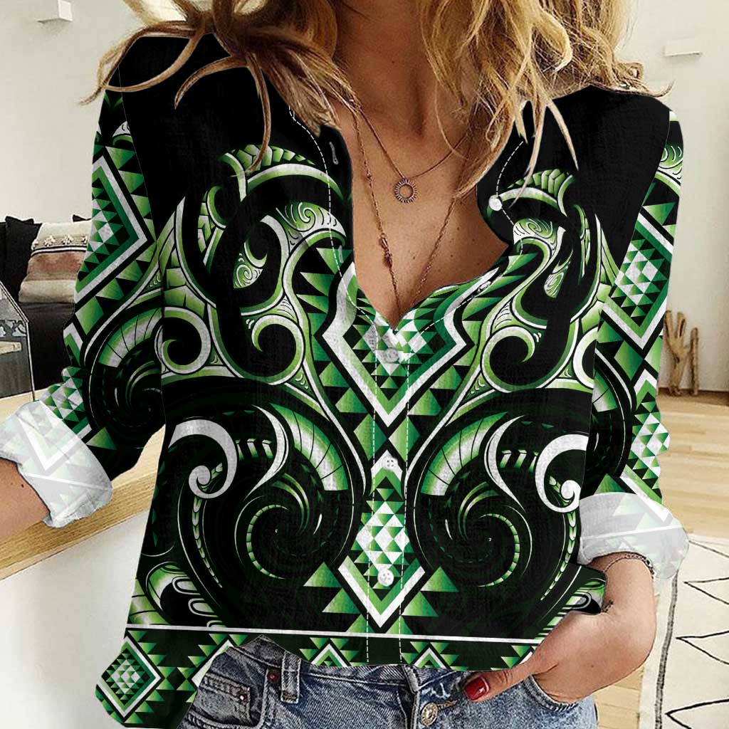 Green Ngaru Taniko With Aotearoa Maori Tattoo Women Casual Shirt