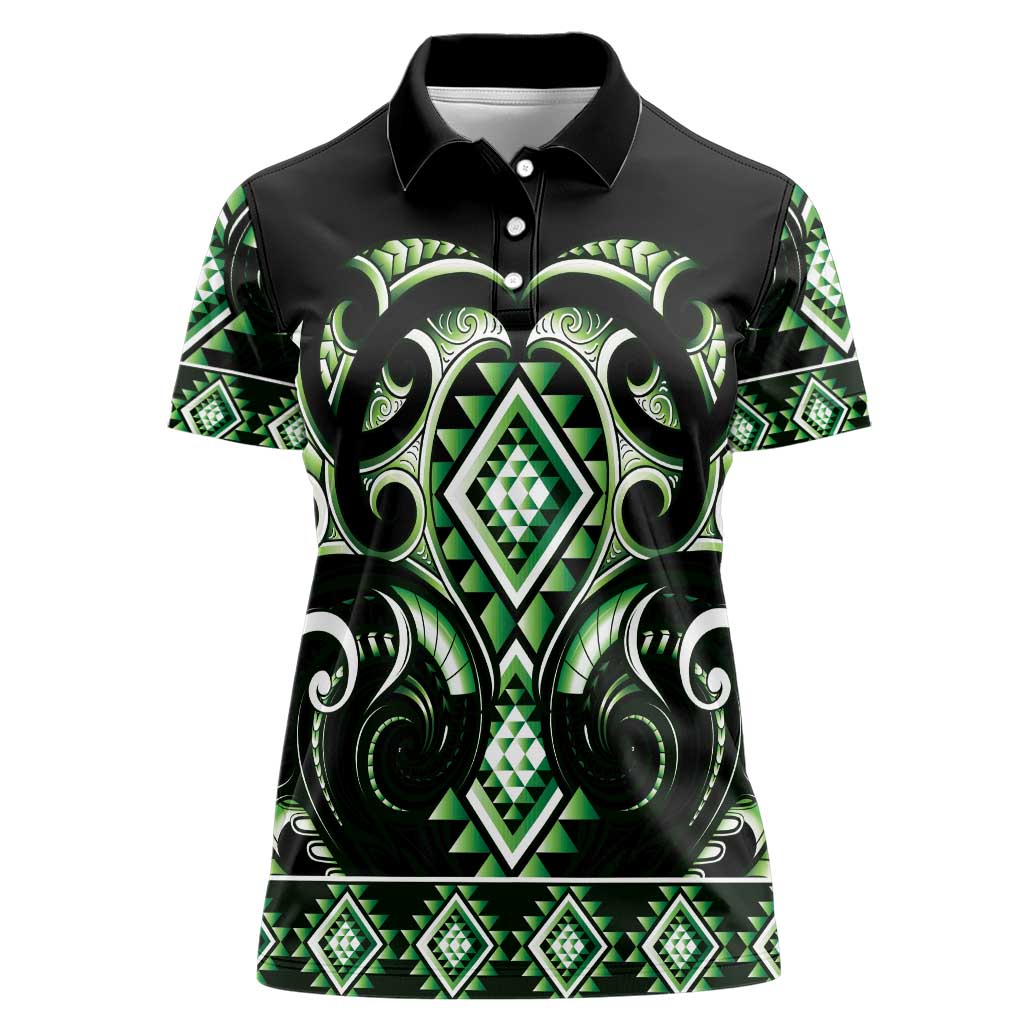 Green Ngaru Taniko With Aotearoa Maori Tattoo Women Polo Shirt