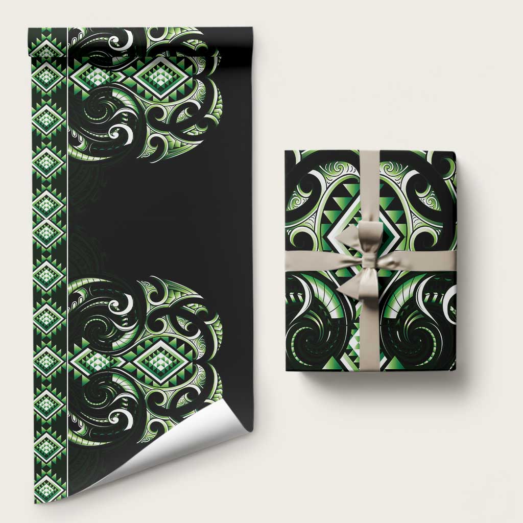 Green Ngaru Taniko With Aotearoa Maori Tattoo Wrapping Paper LT14 58" × 23" Green - Polynesian Pride