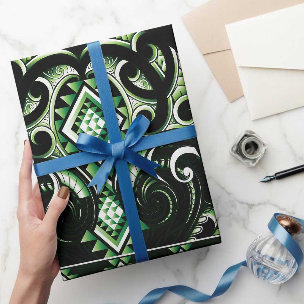 Green Ngaru Taniko With Aotearoa Maori Tattoo Wrapping Paper LT14 - Polynesian Pride