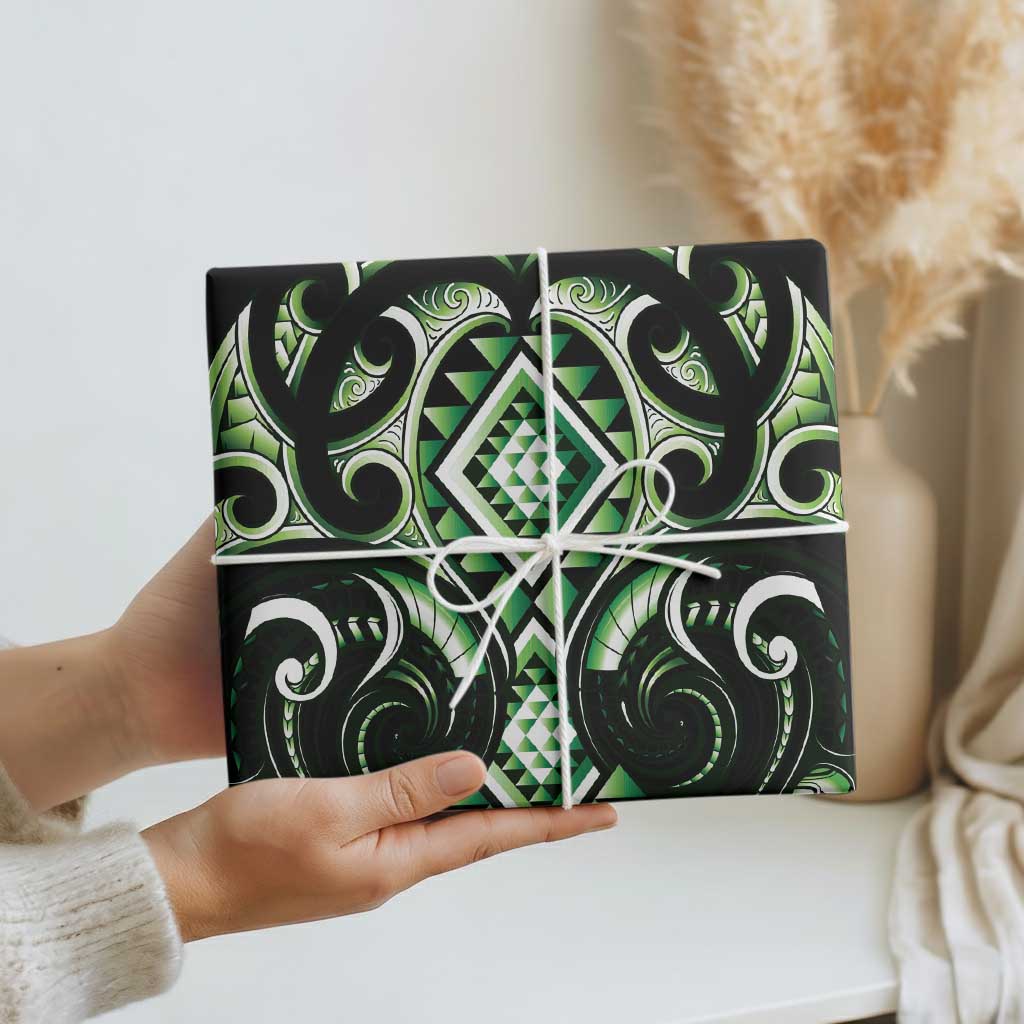 Green Ngaru Taniko With Aotearoa Maori Tattoo Wrapping Paper LT14 - Polynesian Pride