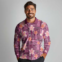 Pink Hawaii Plumeria With Tropical Flowers Motifs Long Sleeve Polo Shirt LT14 - Polynesian Pride