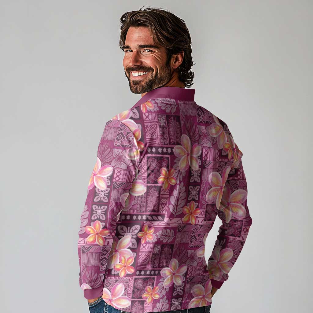 Pink Hawaii Plumeria With Tropical Flowers Motifs Long Sleeve Polo Shirt LT14 - Polynesian Pride