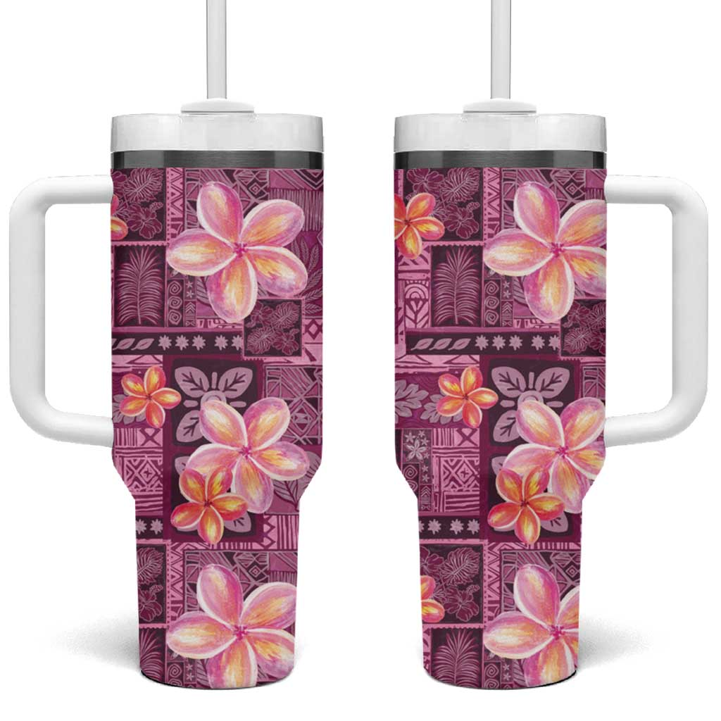 Pink Hawaii Plumeria With Tropical Flowers Motifs Tumbler With Handle LT14 One Size: 40 oz Pink - Polynesian Pride