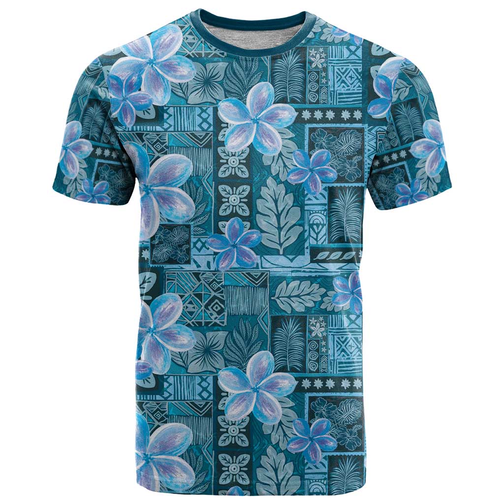 Cyan Hawaii Plumeria With Tropical Flowers Motifs T Shirt LT14 Cyan - Polynesian Pride