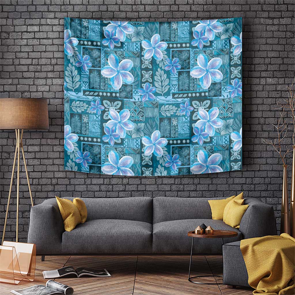 Cyan Hawaii Plumeria With Tropical Flowers Motifs Tapestry LT14 Cyan - Polynesian Pride