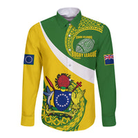 Personalised Cook Islands Rugby Long Sleeve Button Shirt Pacific Go The Kukis Sporty Style LT14 Unisex Green - Polynesian Pride