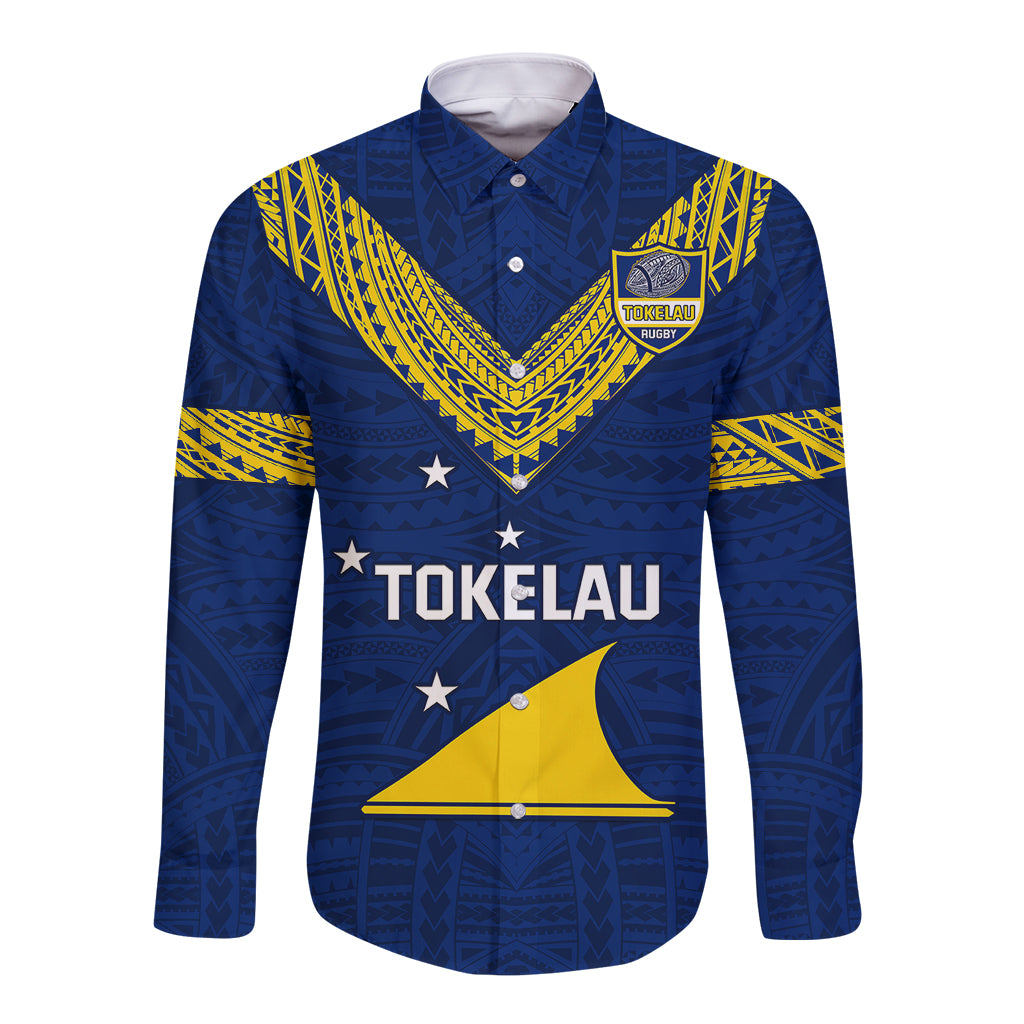 Personalised Tokelau Rugby Long Sleeve Button Shirt Pacific Polynesian Pattern LT14 Unisex Blue - Polynesian Pride