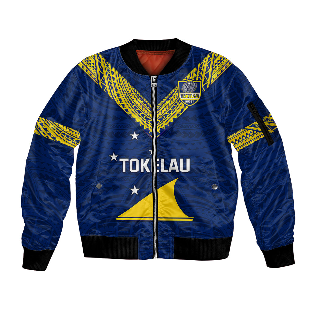 Personalised Tokelau Rugby Sleeve Zip Bomber Jacket Pacific Polynesian Pattern LT14 Unisex Blue - Polynesian Pride