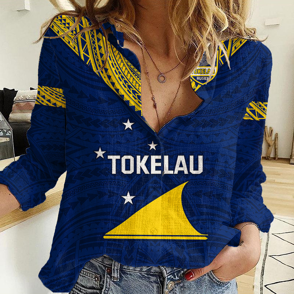 Personalised Tokelau Rugby Women Casual Shirt Pacific Polynesian Pattern LT14 Female Blue - Polynesian Pride