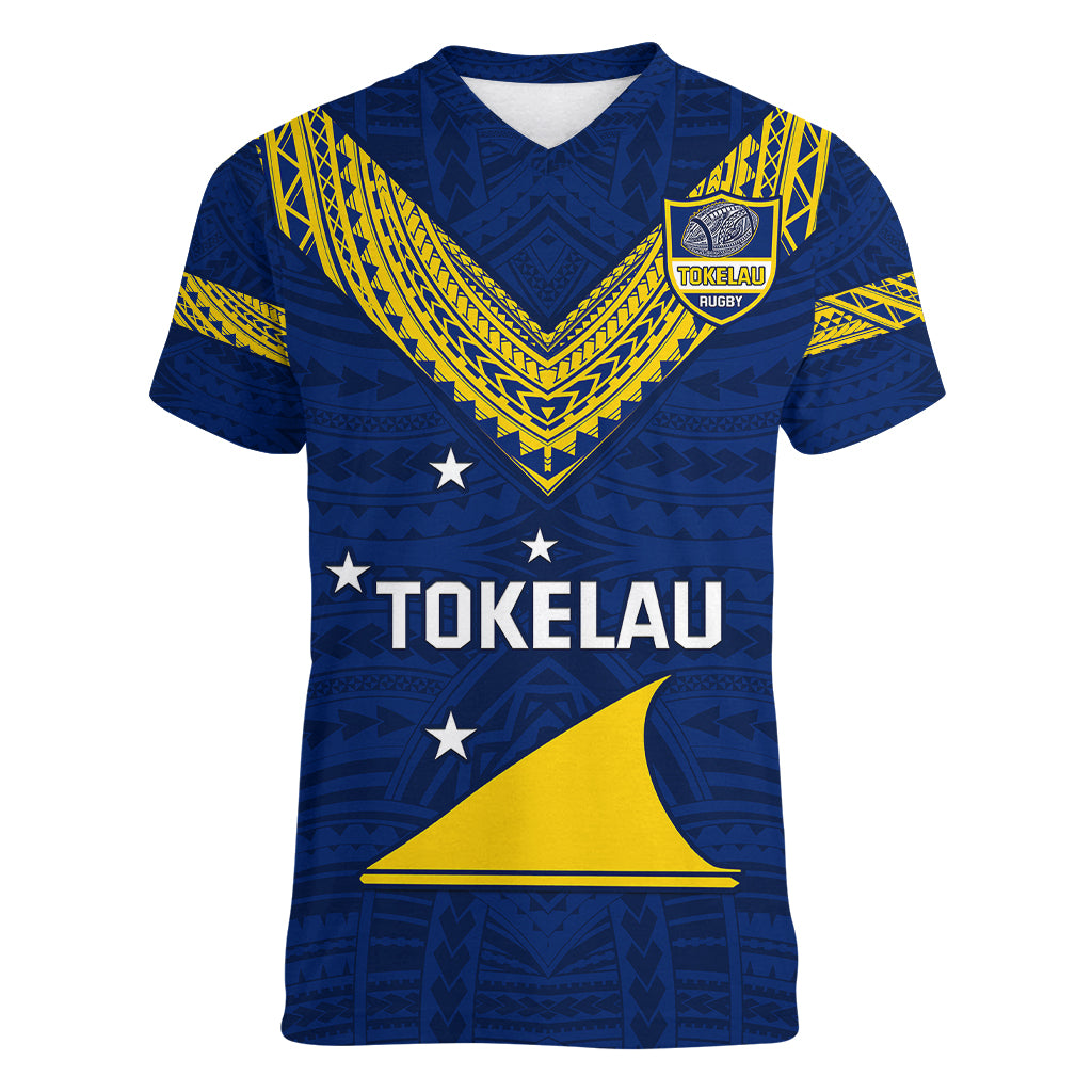 Personalised Tokelau Rugby Women V Neck T Shirt Pacific Polynesian Pattern LT14 Female Blue - Polynesian Pride