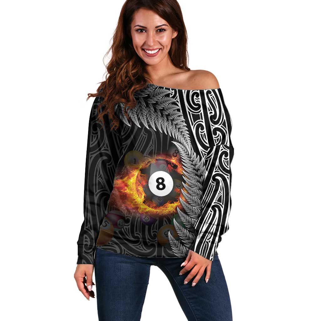 Personalised New Zealand Billiards Off Shoulder Sweater Maori Fern On Fire 8 Ball LT14 Women Black - Polynesian Pride