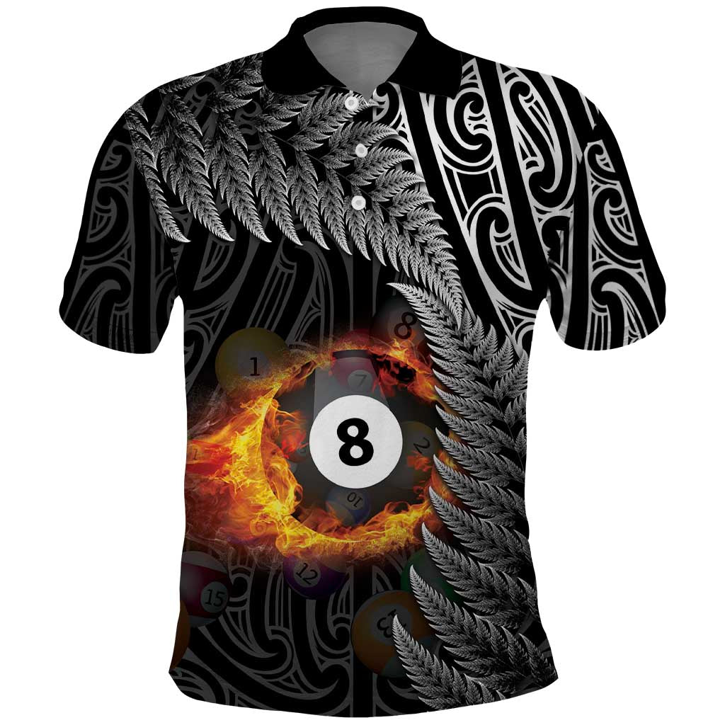 Personalised New Zealand Billiards Polo Shirt Maori Fern On Fire 8 Ball LT14 Black - Polynesian Pride