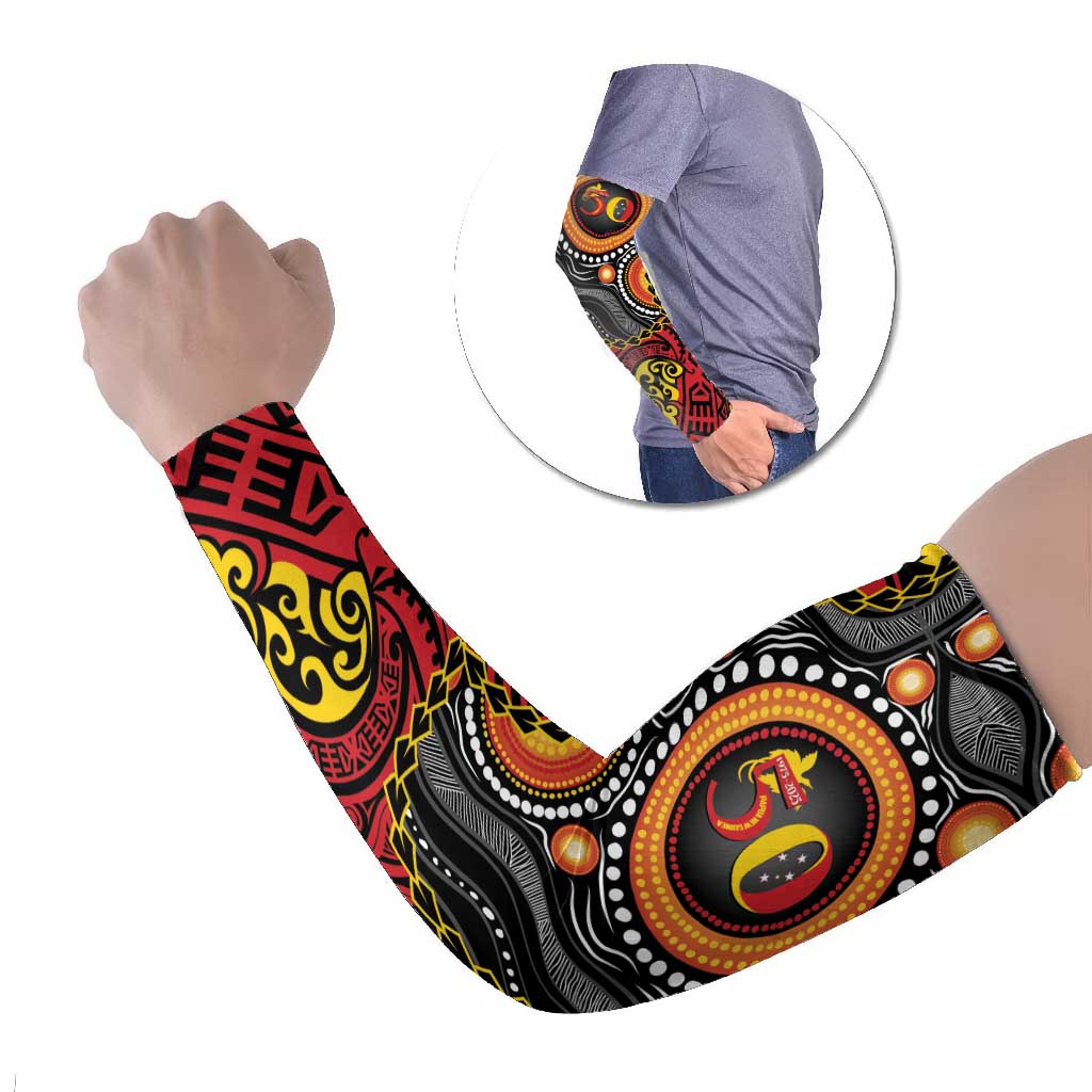 Celebrating 50 Years Papua New Guinea Arm Sleeves Aboriginal Mix Papuan Pattern LT14 Set of 2 Red - Polynesian Pride