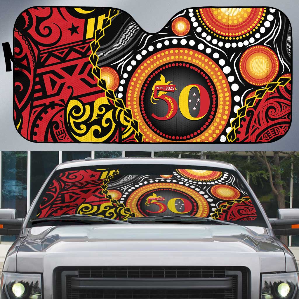 Celebrating 50 Years Papua New Guinea Auto Sun Shade Aboriginal Mix Papuan Pattern LT14 Red - Polynesian Pride