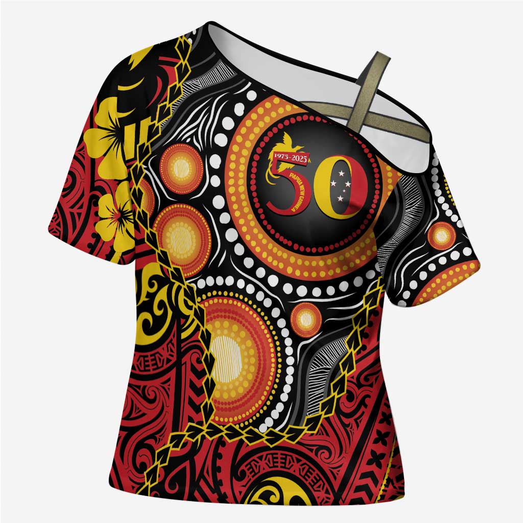 Celebrating 50 Years Papua New Guinea Cross Shoulder Shirt Aboriginal Mix Papuan Pattern LT14 Female Red - Polynesian Pride