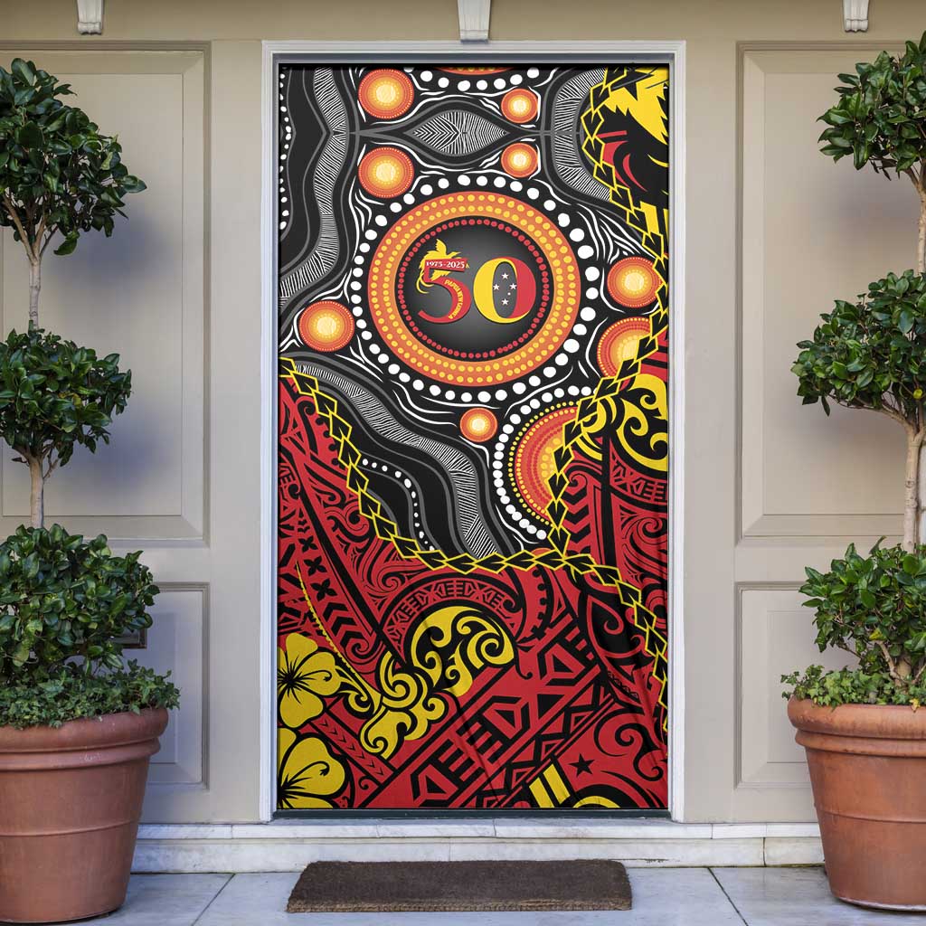 Celebrating 50 Years Papua New Guinea Door Cover Aboriginal Mix Papuan Pattern LT14 Red - Polynesian Pride