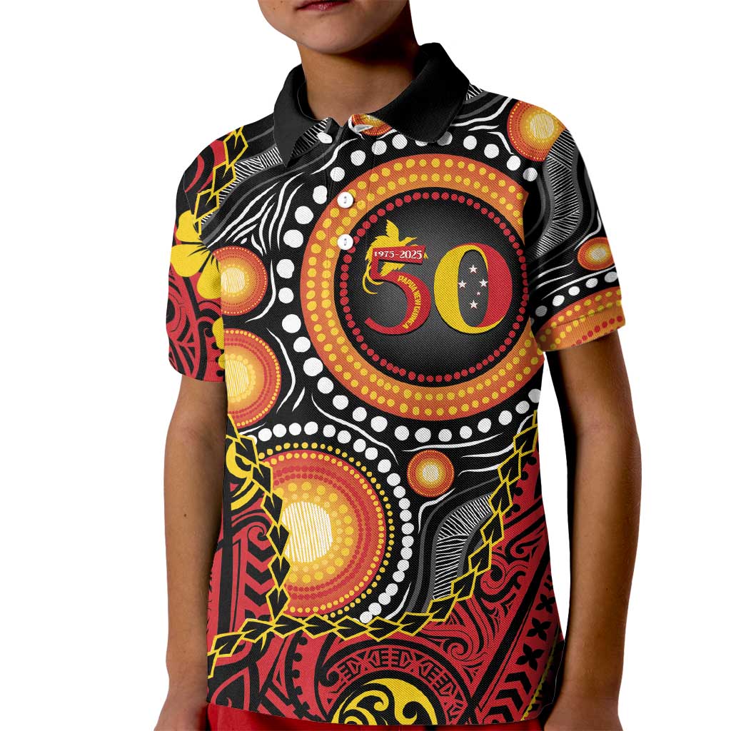 Celebrating 50 Years Papua New Guinea Kid Polo Shirt Aboriginal Mix Papuan Pattern LT14 Kid Red - Polynesian Pride