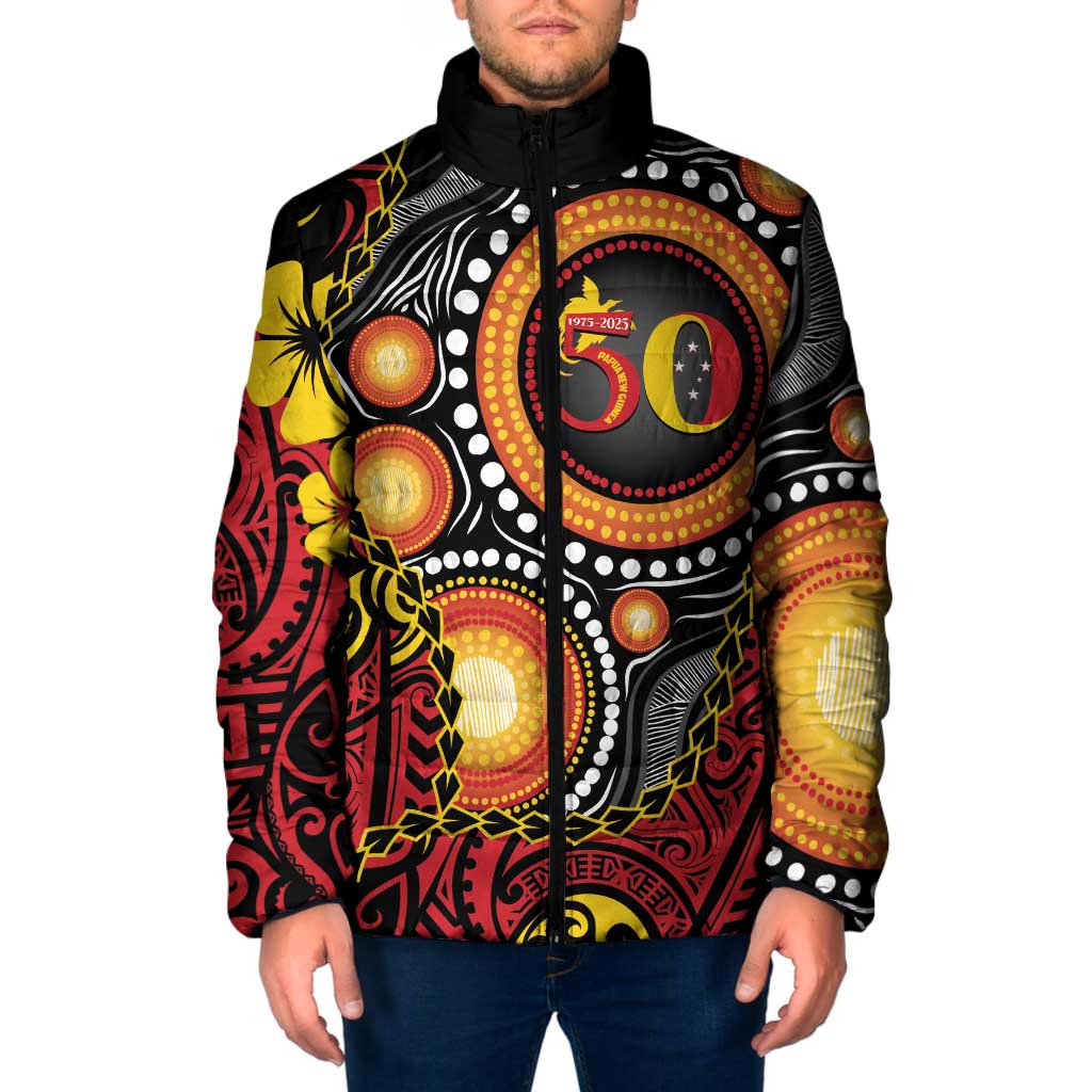 Celebrating 50 Years Papua New Guinea Padded Jacket Aboriginal Mix Papuan Pattern LT14 Men Red - Polynesian Pride