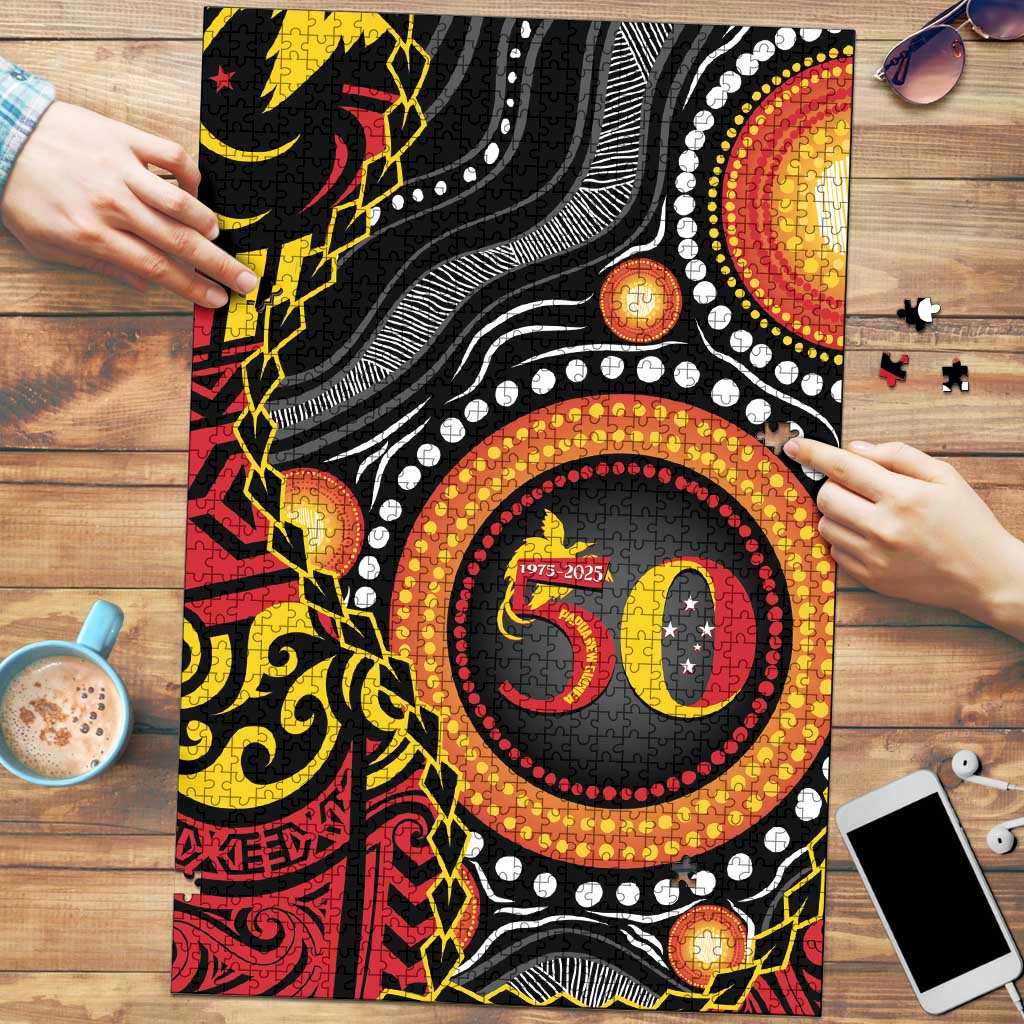 Celebrating 50 Years Papua New Guinea Puzzle Aboriginal Mix Papuan Pattern LT14 Red - Polynesian Pride