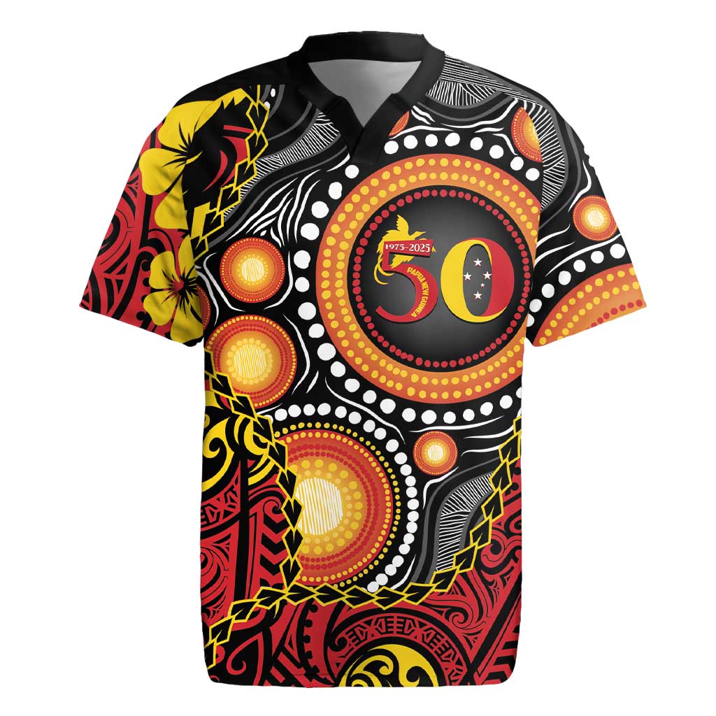 Celebrating 50 Years Papua New Guinea Rugby Jersey Aboriginal Mix Papuan Pattern LT14 Red - Polynesian Pride