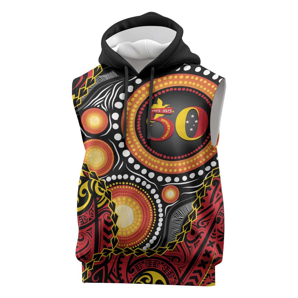 Celebrating 50 Years Papua New Guinea Sleeveless Hoodie Aboriginal Mix Papuan Pattern LT14 Red - Polynesian Pride