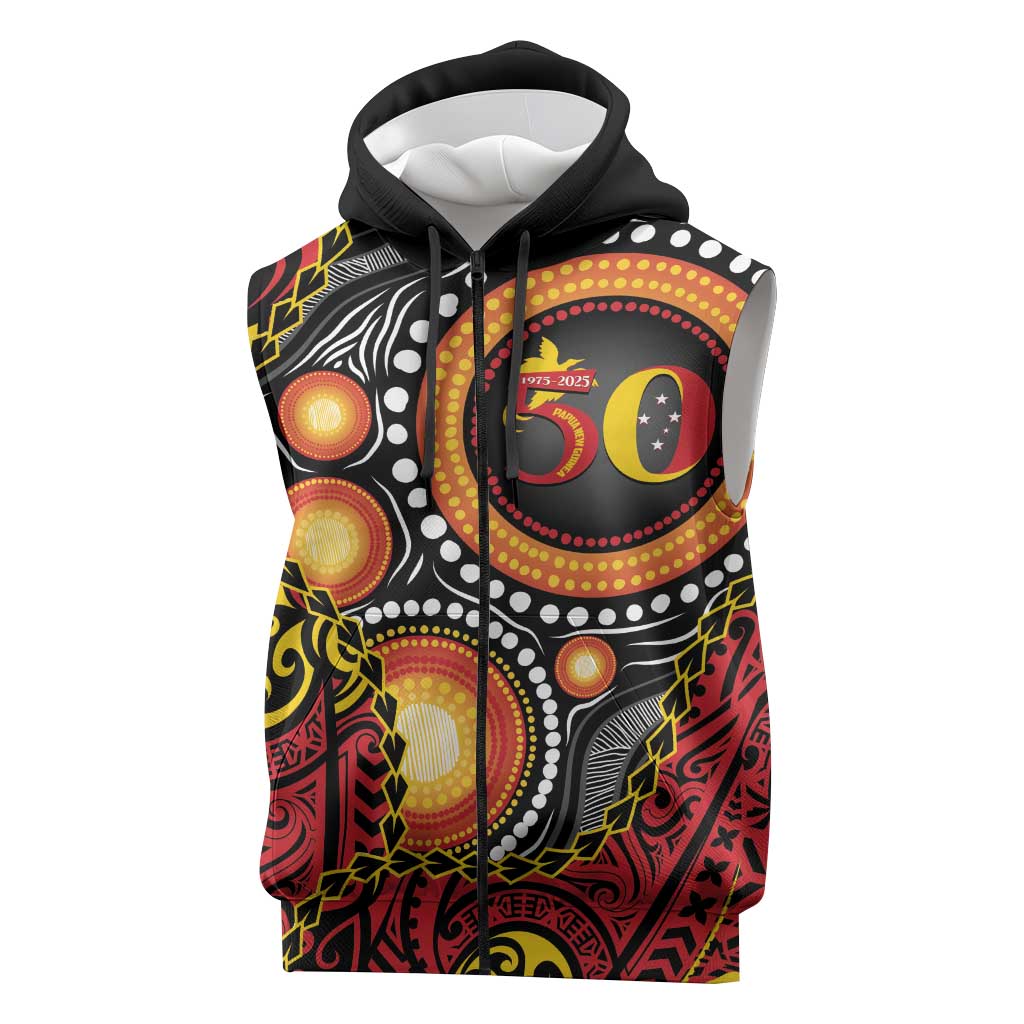 Celebrating 50 Years Papua New Guinea Sleeveless Zip Hoodie Aboriginal Mix Papuan Pattern LT14 Red - Polynesian Pride